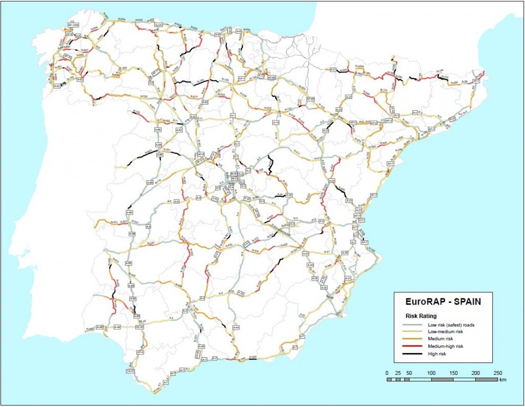 tramos de carretera EuroRAP, mapa de riesgo de sufrir un accidente en España